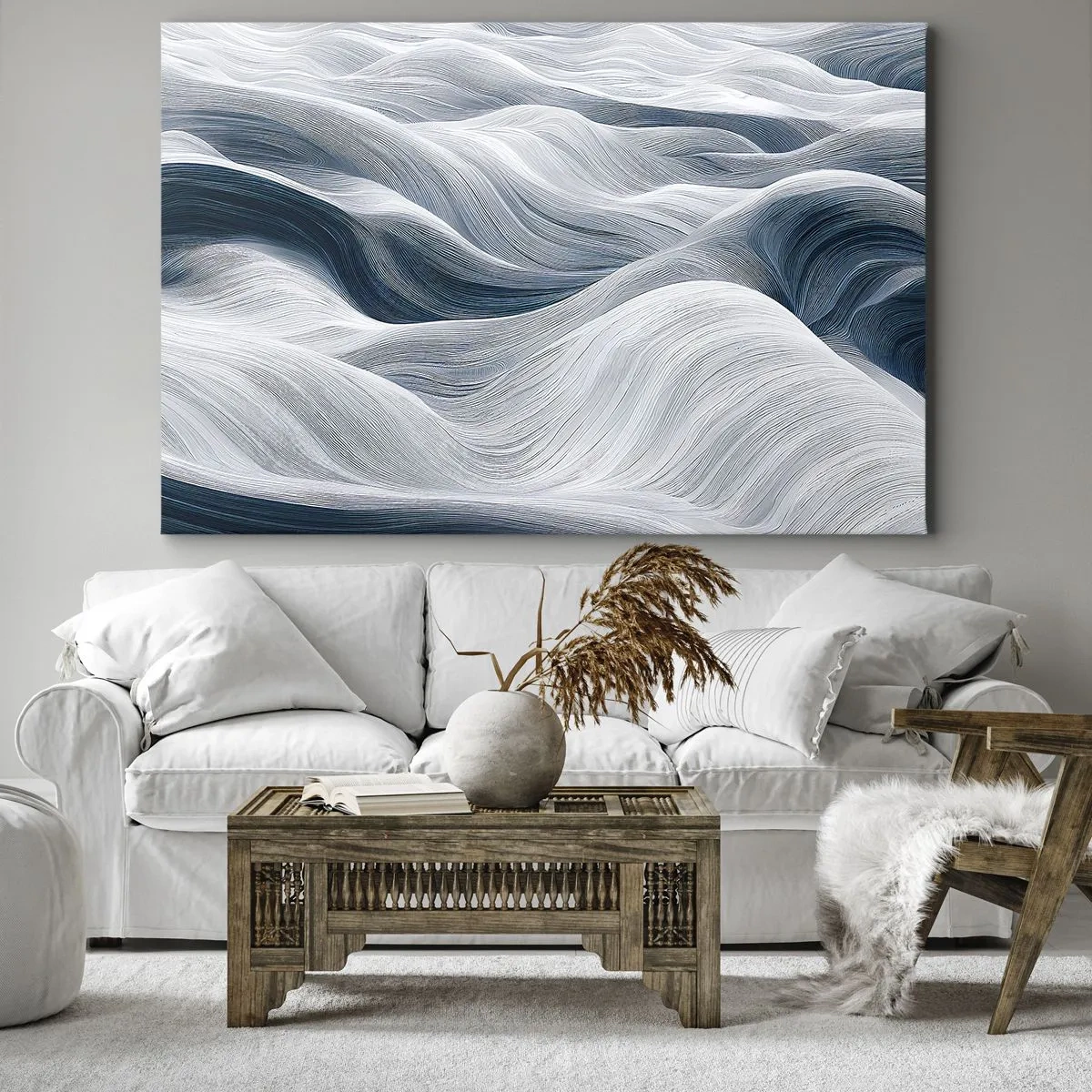 Obraz na płótnie - Falujące linie w odcieniach błękitu i bieli - 70x50cm - Biało-błękitne fale - Nowoczesna dekoracja ścienna do salonu i sypialni ARTTOR