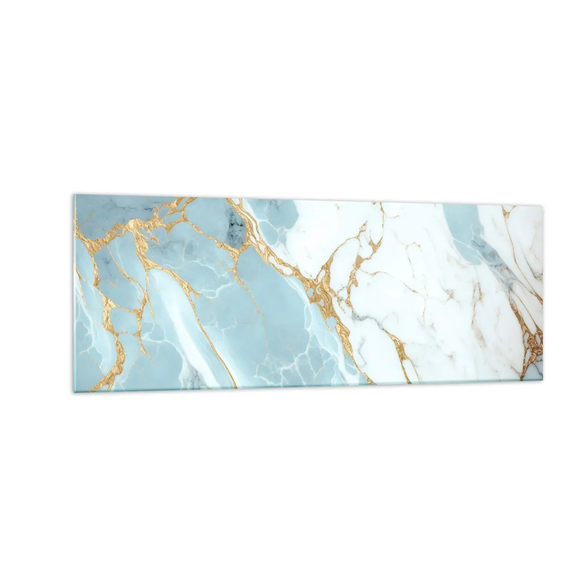 Obraz na szkle - Błękitno-białe marmurowe wzory z dodatkiem złotych żył - 140x50cm - Bogactwo kamienia - Nowoczesna dekoracja ścienna do salonu i sypialni ARTTOR