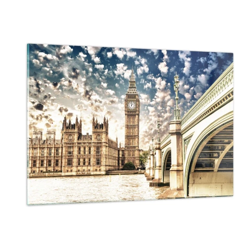 Obraz na szkle - Big Ben i most Westminster w Londynie - 120x80cm - Pierzaste obłoki nad Tamizą - Nowoczesna dekoracja ścienna do salonu, kuchni i sypialni ARTTOR