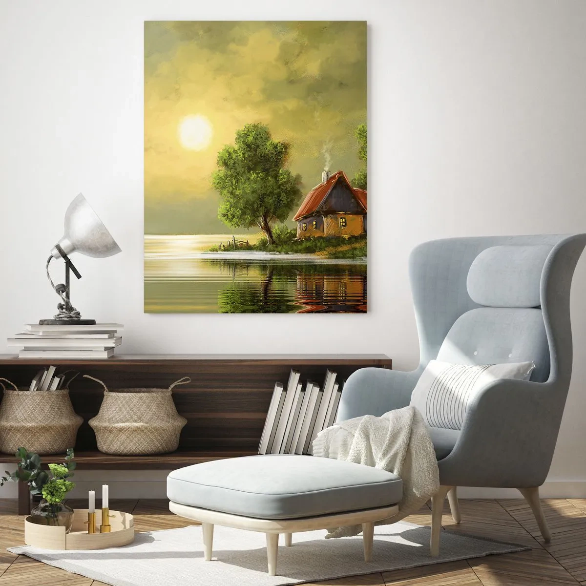Obraz na szkle - Dom nad jeziorem w świetle zachodzącego słońca - 80x120cm - Pięknie, jak z obrazka - Nowoczesna dekoracja ścienna do salonu i sypialni ARTTOR