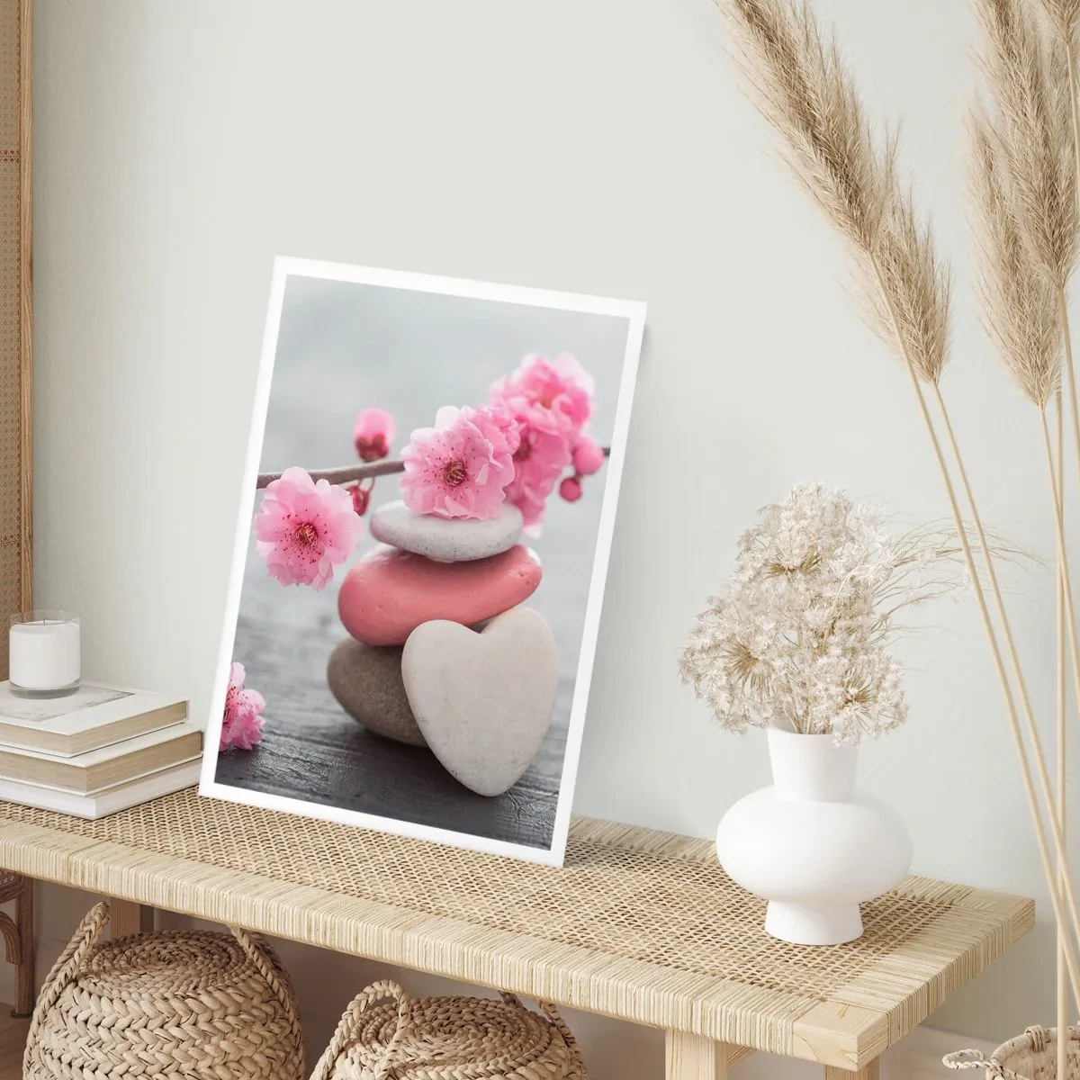 Plakat - Kamienie w kształcie serca z różowymi kwiatami wiśni - 50x70cm - Błogość z kwiatem wiśni - Nowoczesna dekoracja ścienna do salonu, kuchni i sypialni ARTTOR