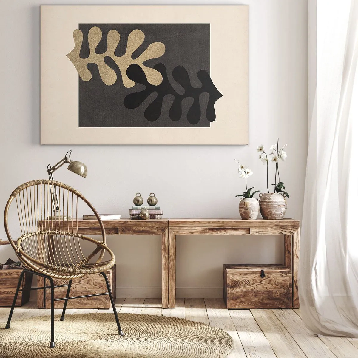 Obraz na płótnie - Abstrakcyjne liście w czerni i beżu na prostokątnym tle - 70x50cm - Brak i dopełnienie - Nowoczesna dekoracja ścienna do salonu i sypialni ARTTOR