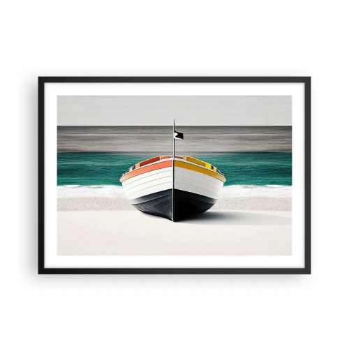 Plakat w czarnej ramie - Łódź na plaży z turkusowym morzem w tle - 70x50cm - Na swoim miejscu - Nowoczesna dekoracja ścienna do salonu i sypialni ARTTOR