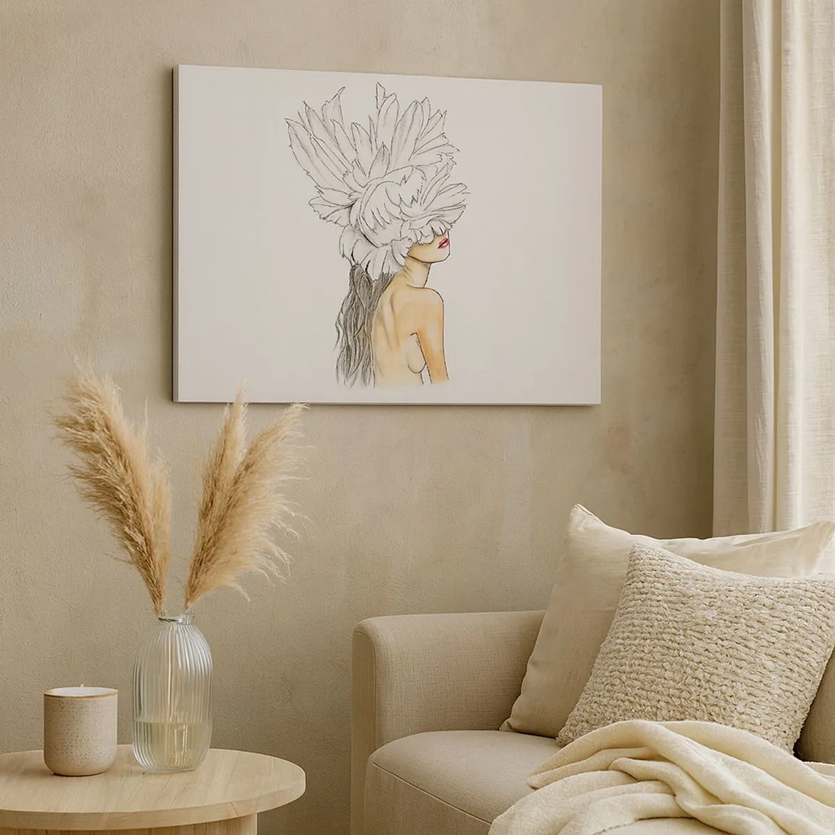 Obraz na płótnie - Portret kobiety z ozdobą z piór w artystycznym stylu - 70x50cm - Piękność ukoronowana - Nowoczesna dekoracja ścienna do salonu i sypialni ARTTOR