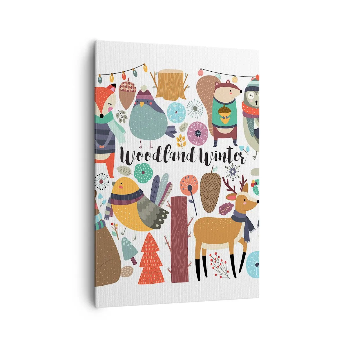 Obraz na płótnie - Zimowe leśne zwierzęta w kolorowej grafice - 70x100cm - Bajkowe święta w lesie - Nowoczesna dekoracja ścienna do salonu i sypialni ARTTOR