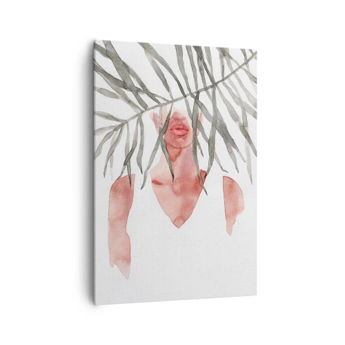 Obraz na płótnie - Sylwetka kobiety w akwarelowym stylu częściowo zakryta liśćmi palmy - 70x100cm - Dama tropików - Nowoczesna dekoracja ścienna do salonu i sypialni ARTTOR