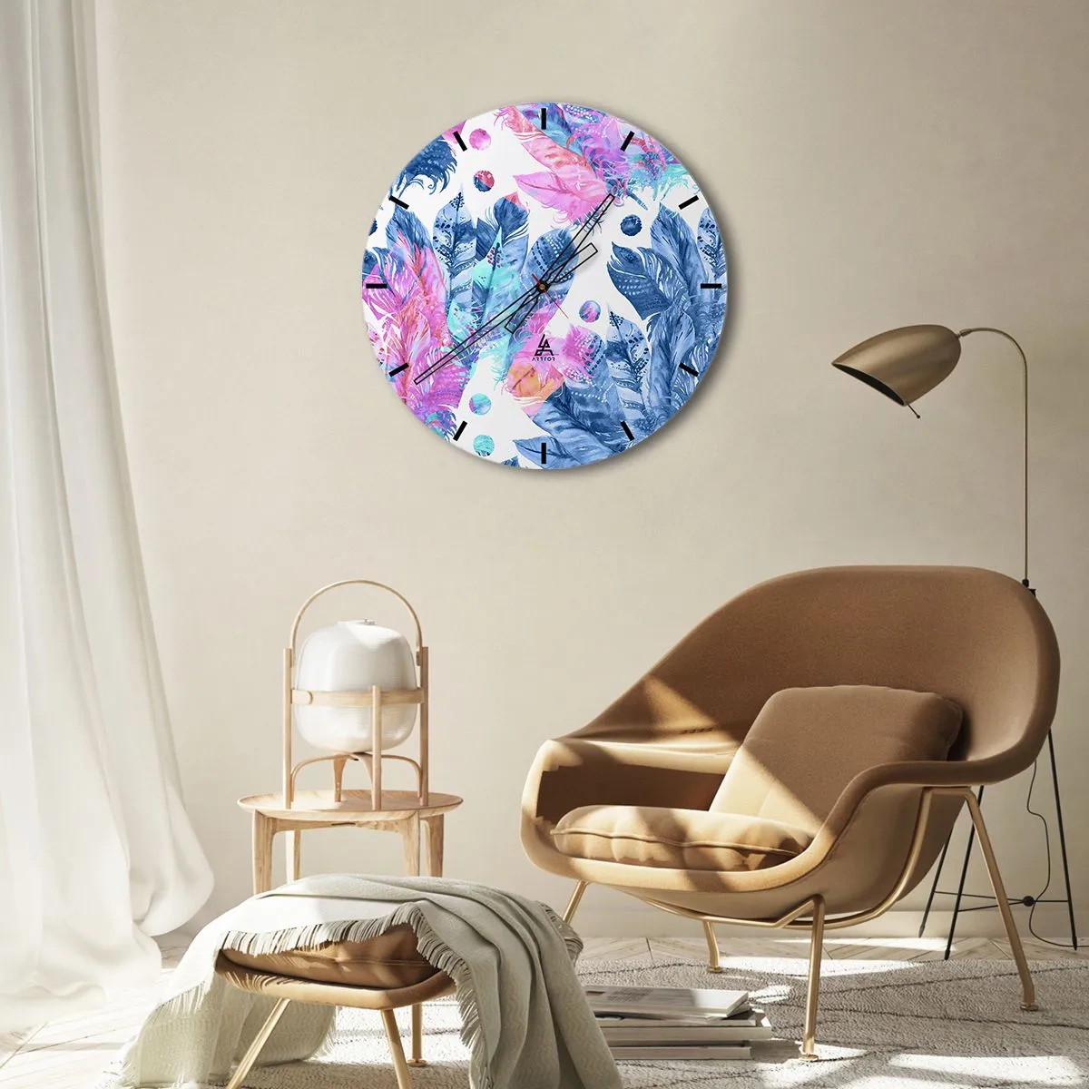 Zegar ścienny - Kolorowe pióra w stylu akwarelowym - 30x30cm - Pióropusze w różu i błękicie - Nowoczesna dekoracja ścienna do salonu, kuchni i sypialni ARTTOR