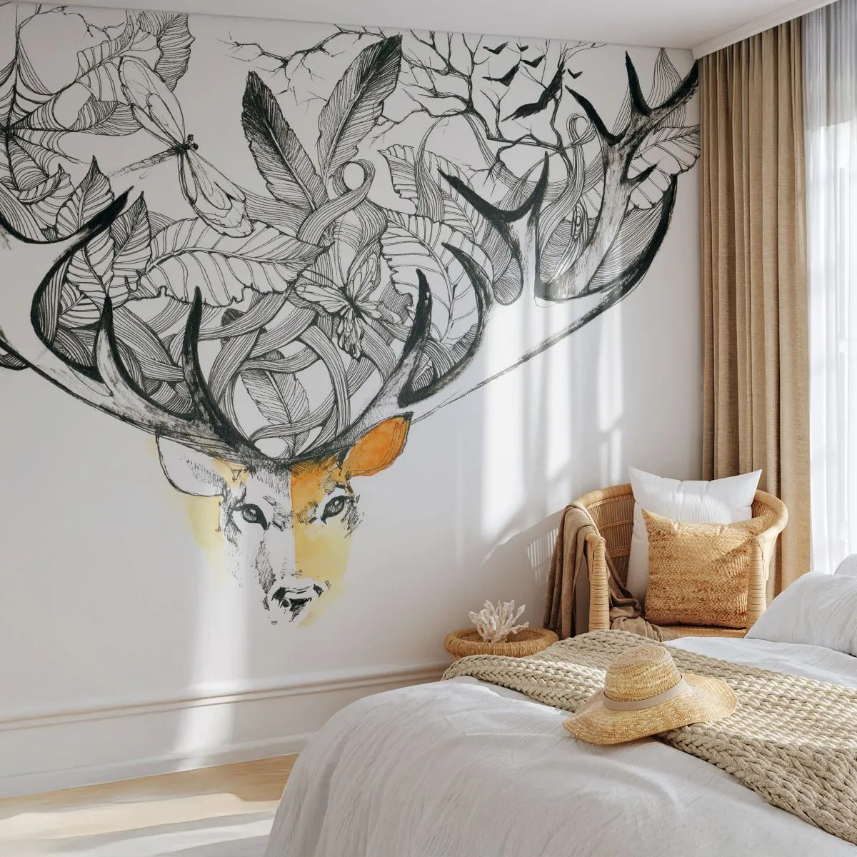 Fototapeta Premium Canvas - Rogi obfitości - Abstrakcja, Jeleń, Grafika - 250x175 cm