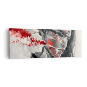 Obraz na płótnie - Artystyczny portret kobiety z abstrakcyjnymi czerwonymi akcentami - 140x50cm - W oparach absurdu - Nowoczesna dekoracja ścienna do salonu i sypialni ARTTOR