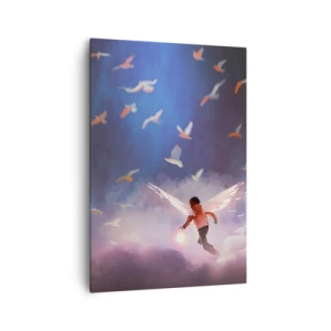 Obraz na płótnie - Postać z anielskimi skrzydłami unosząca się wśród ptaków na tle nieba - 70x100cm - Trzeba mieć wyobraźnię i odwagę - Nowoczesna dekoracja ścienna do salonu i sypialni ARTTOR