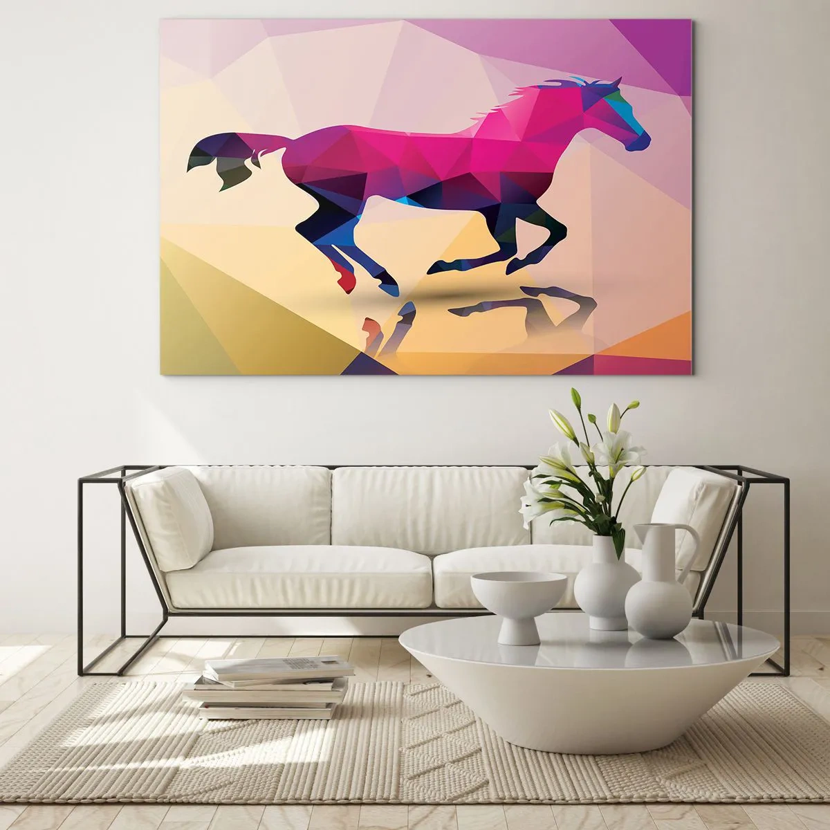 Obraz na szkle - Geometryczny koń w kolorowej abstrakcji - 70x50cm - Kubizm wciąż żywy - Nowoczesna dekoracja ścienna do salonu i sypialni ARTTOR