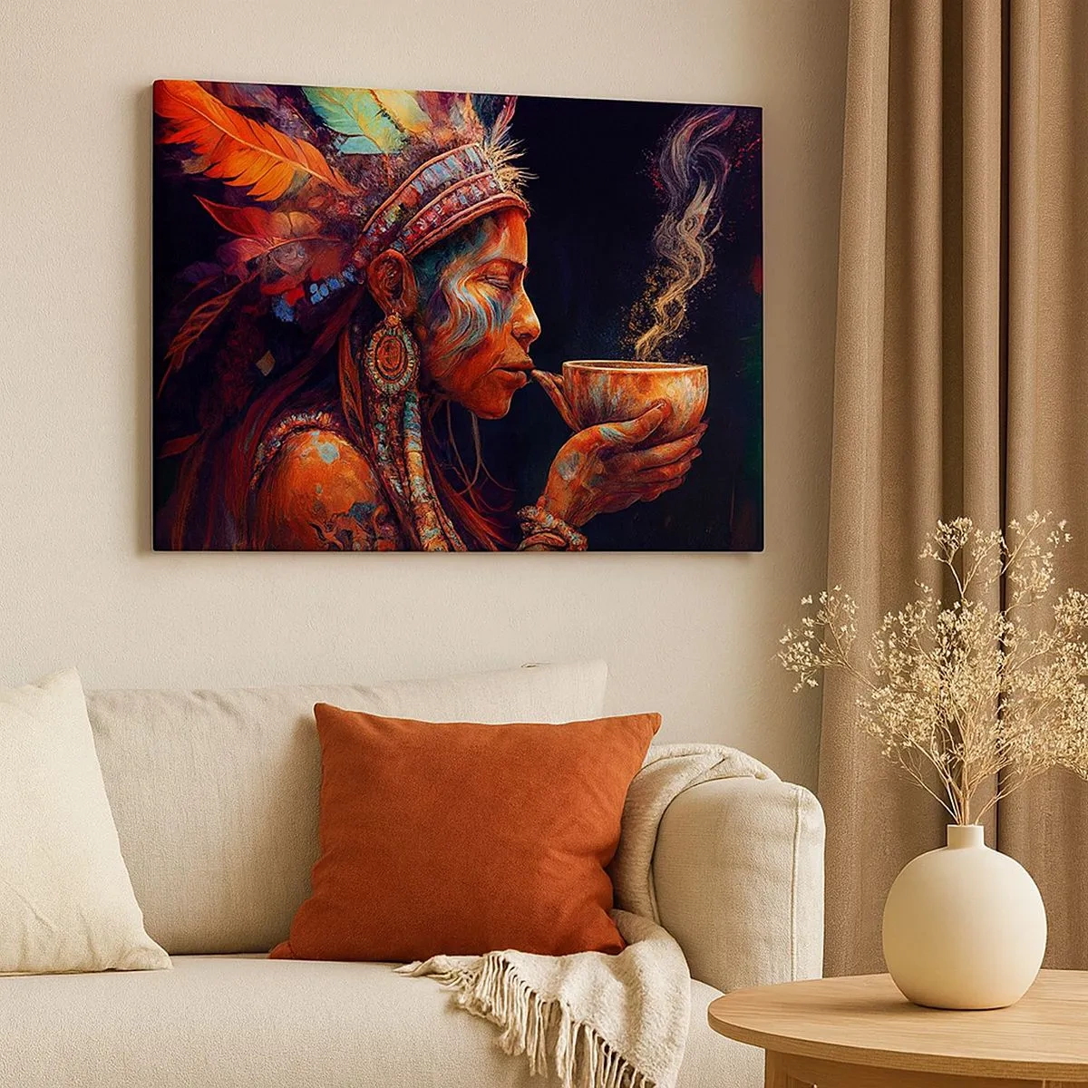 Obraz na płótnie - Kolorowa postać w stylu etnicznym z filiżanką parującego napoju - 70x50cm - Magiczny rytuał - Nowoczesna dekoracja ścienna do salonu i sypialni ARTTOR