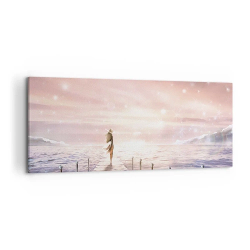 Obraz na płótnie - Kobieta na pomoście w magicznej scenerii zachodu słońca - 120x50cm - W świetle marzenia - Nowoczesna dekoracja ścienna do salonu i sypialni ARTTOR