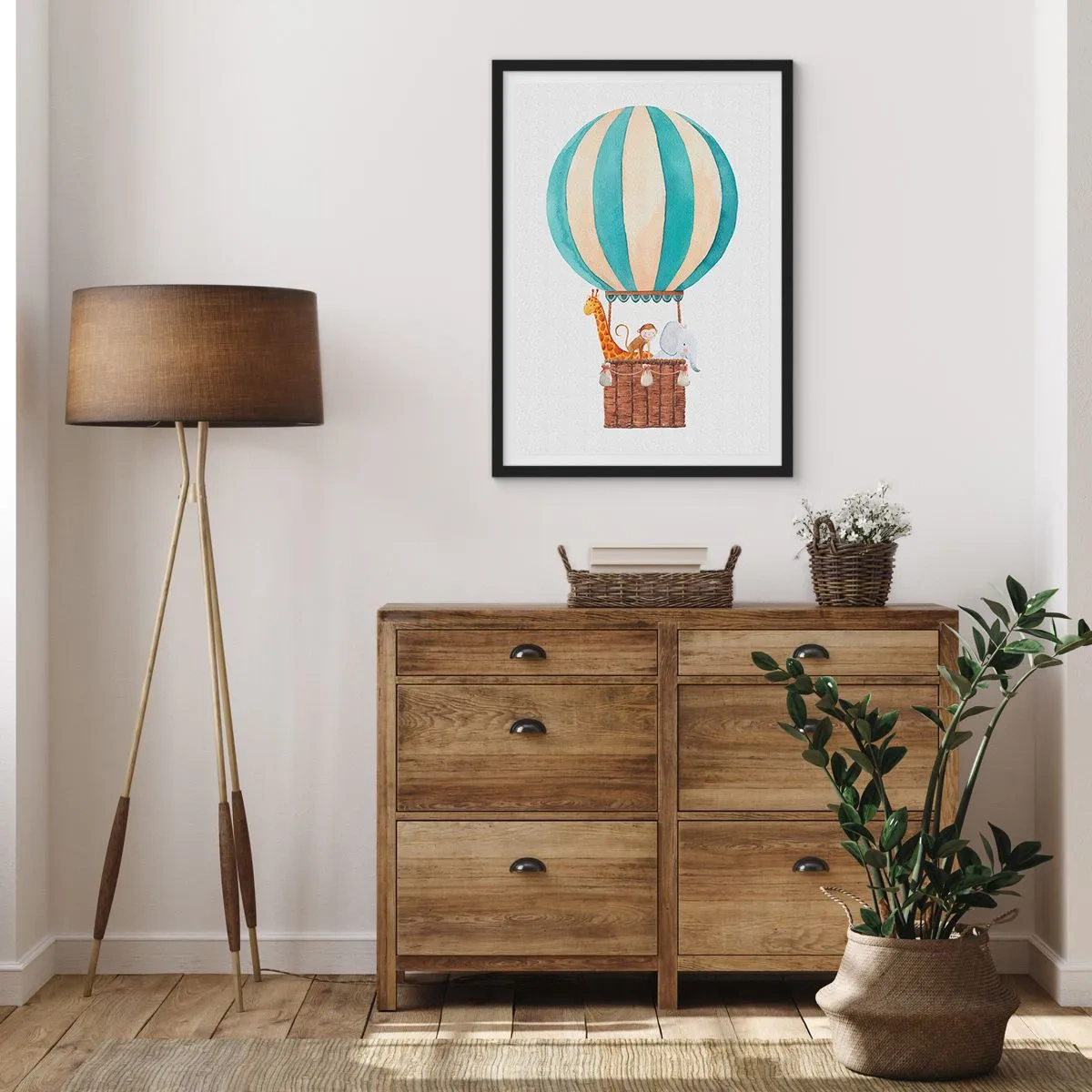 Plakat w czarnej ramie - Akwarelowa ilustracja balonu na gorące powietrze z uroczymi zwierzętami - 50x70cm - Fantastyczna wycieczka - Nowoczesna dekoracja ścienna do salonu i sypialni ARTTOR