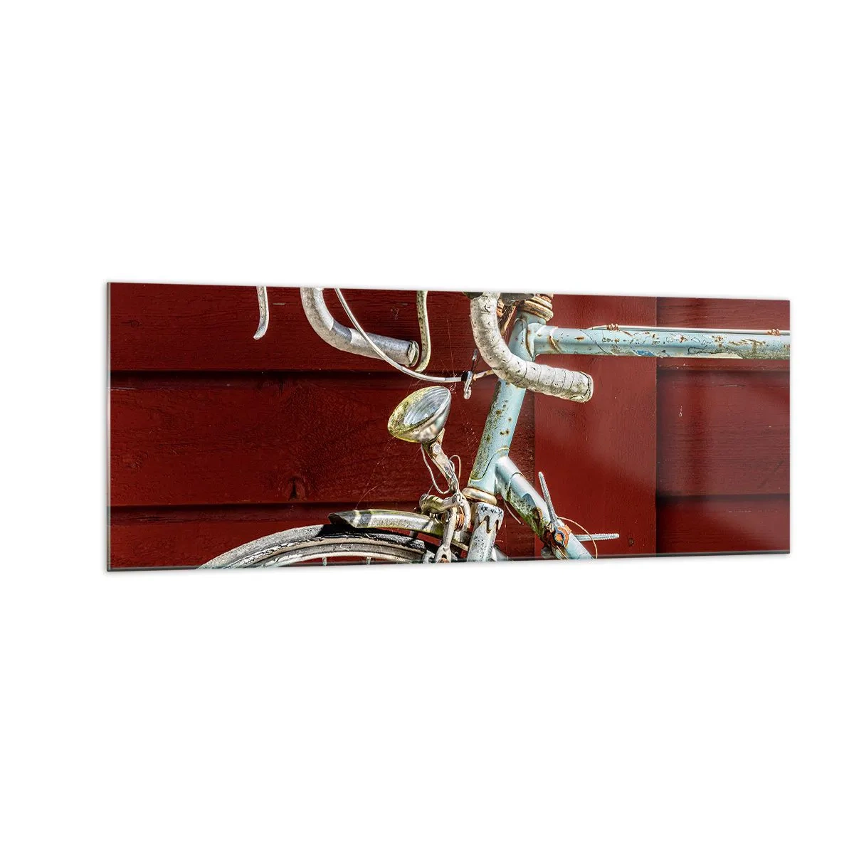Obraz na szkle - Zabytkowy rower na tle czerwonej drewnianej ściany - 140x50cm - Stworzony do zwycięstw - Nowoczesna dekoracja ścienna do salonu i sypialni ARTTOR