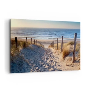 Obraz na płótnie - Ścieżka przez wydmy prowadząca na plażę - 120x80cm - Morza szum, ptaków śpiew, dzika plaża pośród traw… - Nowoczesna dekoracja ścienna do salonu, kuchni i sypialni ARTTOR