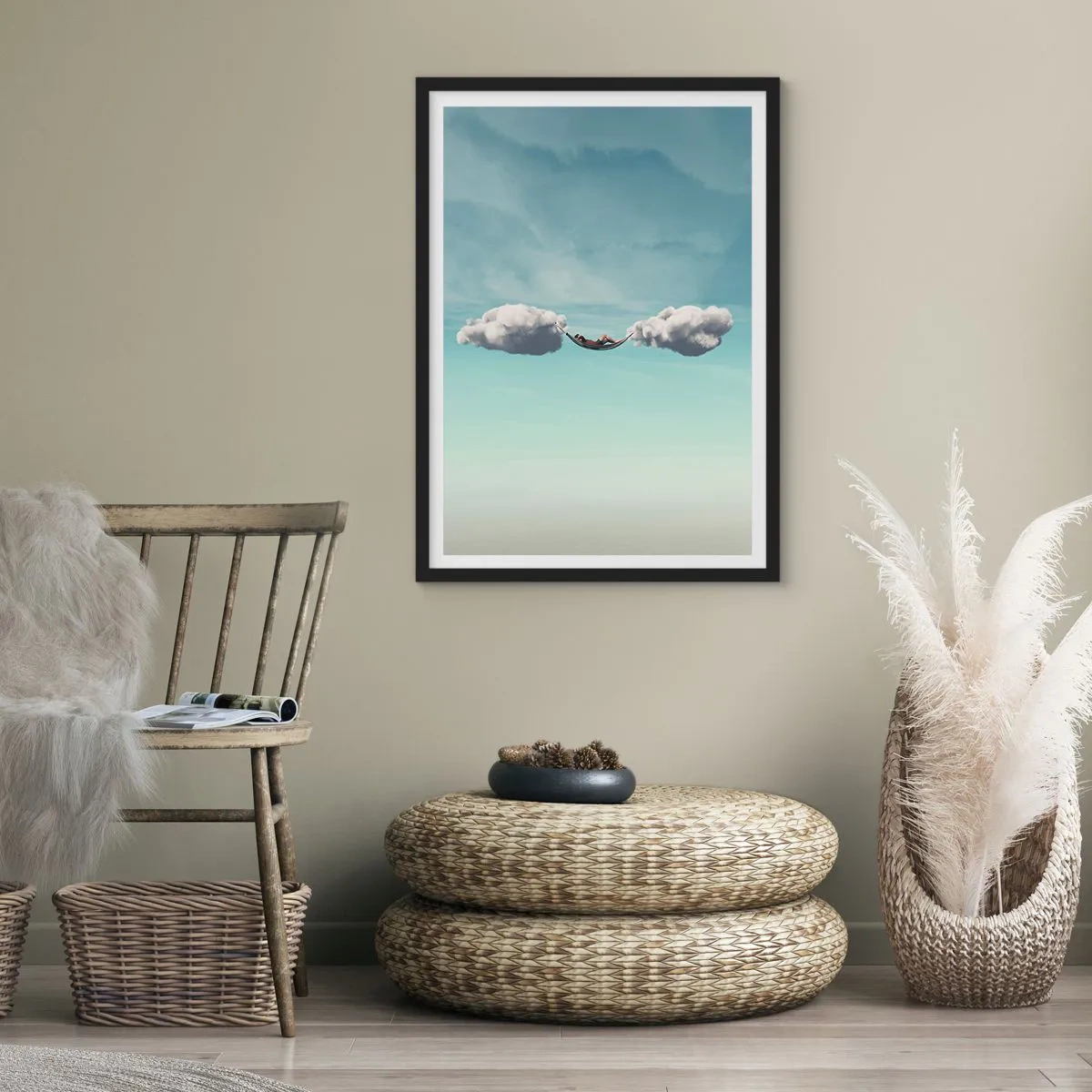Plakat w czarnej ramie - Hamak zawieszony między dwoma chmurami na tle nieba - 50x70cm - Błogość chwili - Nowoczesna dekoracja ścienna do salonu i sypialni ARTTOR