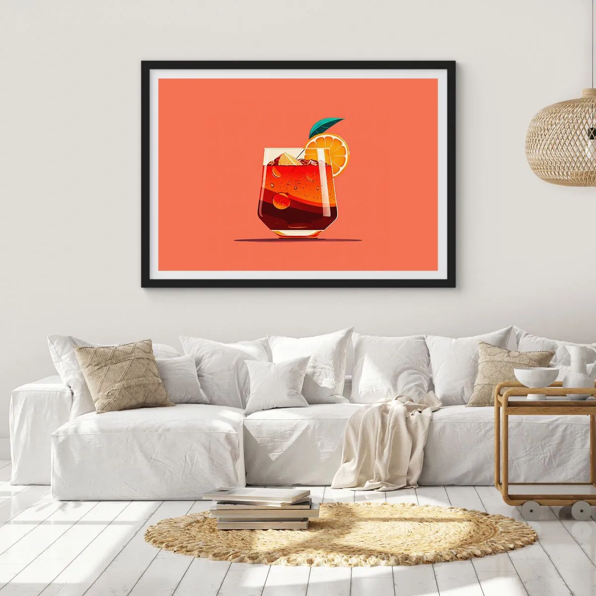 Plakat w czarnej ramie - Szklanka z napojem i plasterkiem pomarańczy na pomarańczowym tle - 70x50cm - Letnie orzeźwienie - Nowoczesna dekoracja ścienna do salonu i sypialni ARTTOR