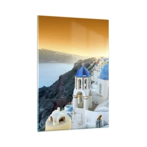 Obraz na szkle - Widok na Santorini z białymi budynkami i błękitnym morzem - 80x120cm - Santorini - przytulone do skał - Nowoczesna dekoracja ścienna do salonu i sypialni ARTTOR