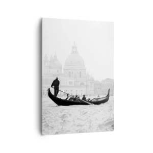 Obraz na płótnie - Gondola na tle bazyliki w czarno-białym ujęciu - 70x100cm - Podróż do źródeł piękna - Nowoczesna dekoracja ścienna do salonu i sypialni ARTTOR