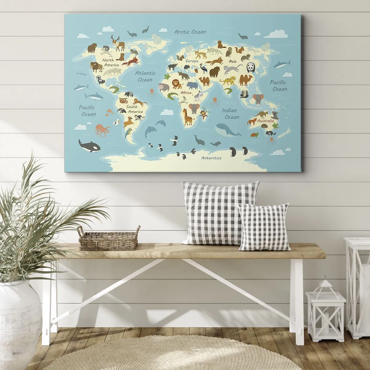 Obraz na płótnie - Mapa świata z ilustracjami zwierząt - 70x50cm - Dobrzy sąsiedzi - Nowoczesna dekoracja ścienna do salonu i sypialni ARTTOR