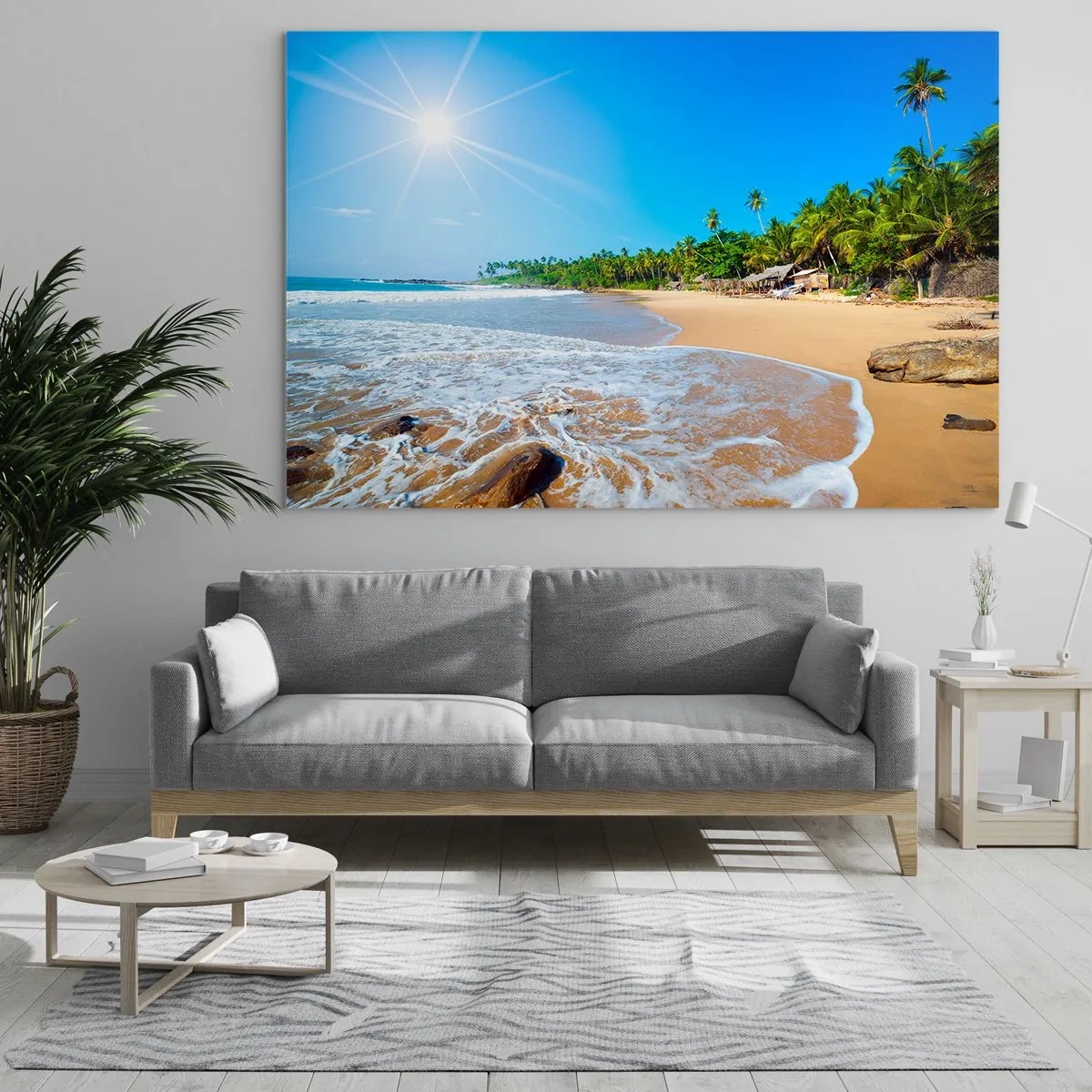 Obraz na szkle - Tropikalna plaża z palmami i falami pod błękitnym niebem - 120x80cm - Egzotyczne miejsce dla ciebie - Nowoczesna dekoracja ścienna do salonu, kuchni i sypialni ARTTOR