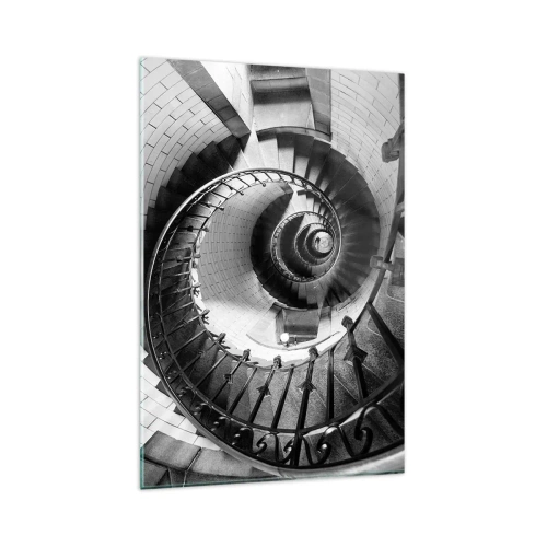 Obraz na szkle - Czarno-biała fotografia spiralnych schodów z perspektywą z góry - 80x120cm - Wyżej i wyżej - Nowoczesna dekoracja ścienna do salonu i sypialni ARTTOR