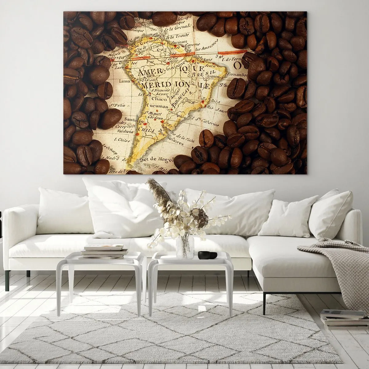 Obraz na szkle - Mapa Ameryki Południowej otoczona ziarnami kawy - 70x50cm - Skąd pochodzi najlepsza kawa? - Nowoczesna dekoracja ścienna do salonu i sypialni ARTTOR