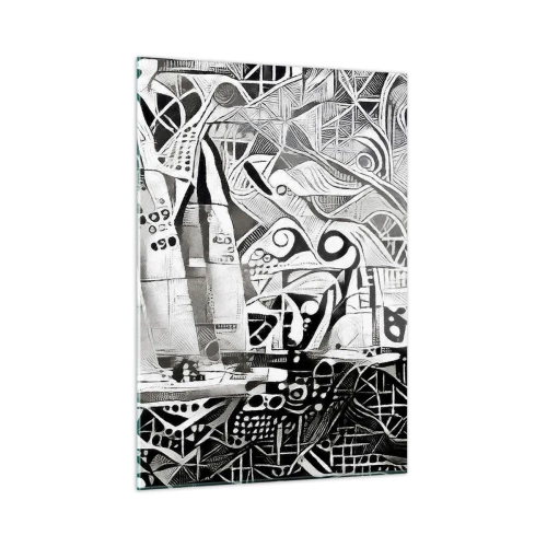 Obraz na szkle - Czarno-biała abstrakcja z żaglówkami i geometrycznymi wzorami - 50x70cm - Między falami - Nowoczesna dekoracja ścienna do salonu, kuchni i sypialni ARTTOR