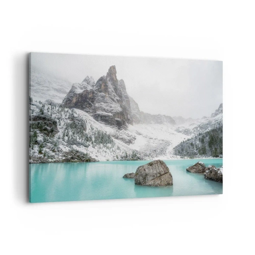 Obraz na płótnie - Górski krajobraz z jeziorem w otoczeniu śnieżnych szczytów - 100x70cm - Na straży - Nowoczesna dekoracja ścienna do salonu, kuchni i sypialni ARTTOR