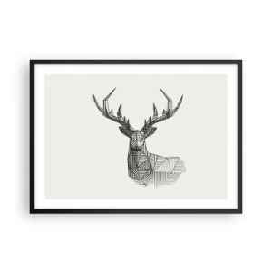 Plakat w czarnej ramie - Geometryczny wizerunek jelenia w minimalistycznym czarno-białym stylu - 70x50cm - Jeleń w kubistycznym stylu - Nowoczesna dekoracja ścienna do salonu i sypialni ARTTOR