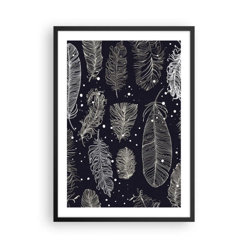 Plakat w czarnej ramie - Białe pióra na czarnym tle w eleganckim układzie - 50x70cm - Pierzasta koronka - Nowoczesna dekoracja ścienna do salonu i sypialni ARTTOR