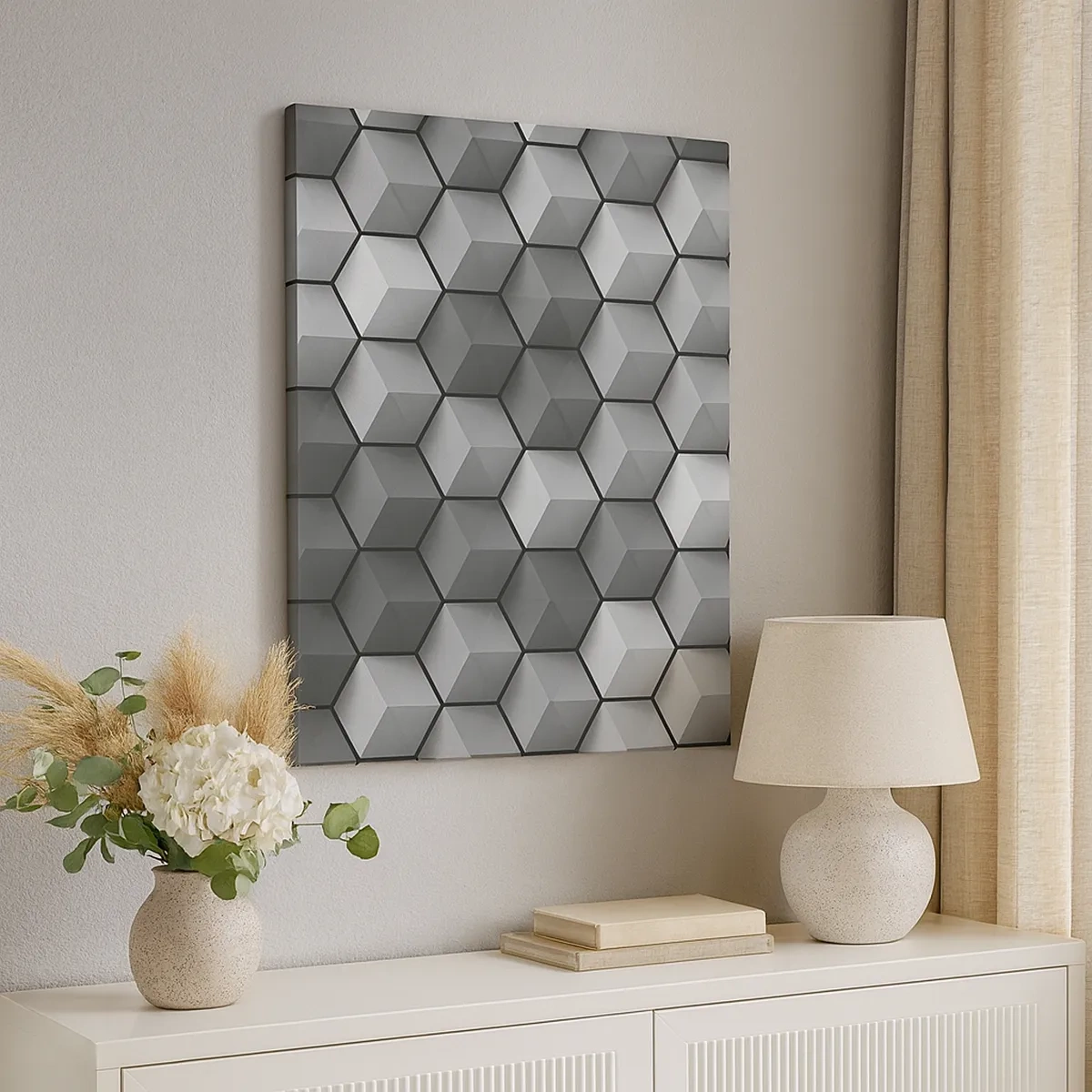 Obraz na płótnie - Czarno-biała geometryczna kompozycja sześcianów 3D - 50x70cm - Kubistyczna układanka - Nowoczesna dekoracja ścienna do salonu, kuchni i sypialni ARTTOR