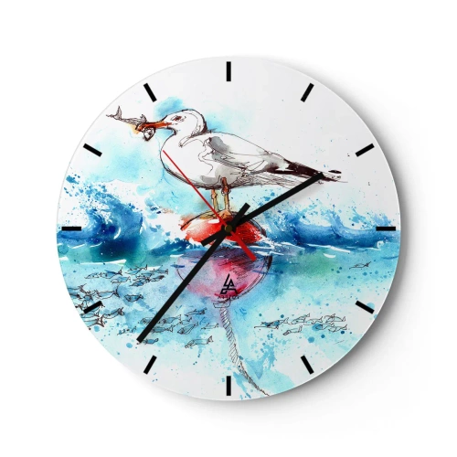 Zegar ścienny - Mewa z rybą na boi wśród fal, przedstawiona w akwarelowym stylu - 30x30cm - Udany połów - Nowoczesna dekoracja ścienna do salonu, kuchni i sypialni ARTTOR