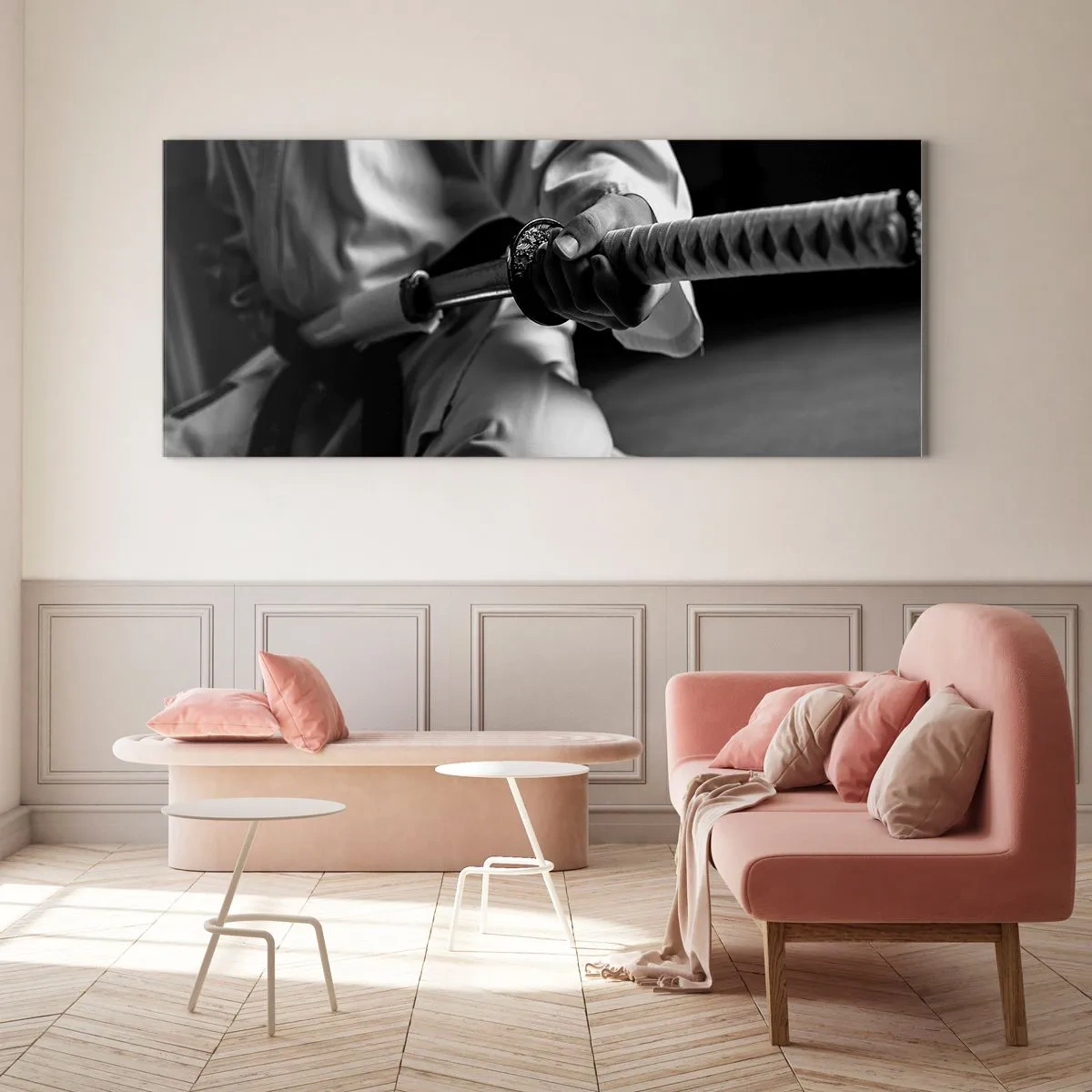 Obraz na szkle - Samuraj w kimono trzymający katanę w czarno-białej tonacji - 160x50cm - Dusza wojownika - Nowoczesna dekoracja ścienna do salonu i sypialni ARTTOR