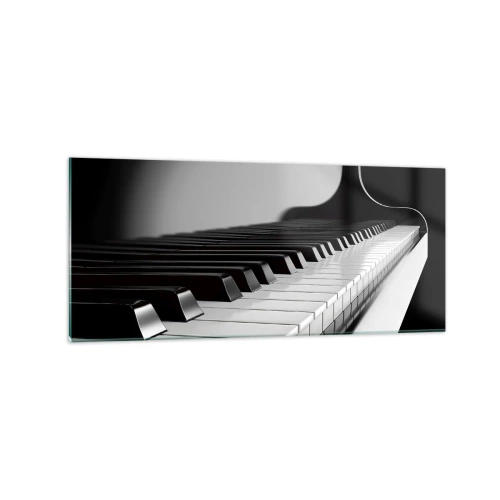 Obraz na szkle - Fortepianowe klawisze w eleganckim czarno-białym ujęciu - 120x50cm - Harmonia kształtów i barw - Nowoczesna dekoracja ścienna do salonu i sypialni ARTTOR