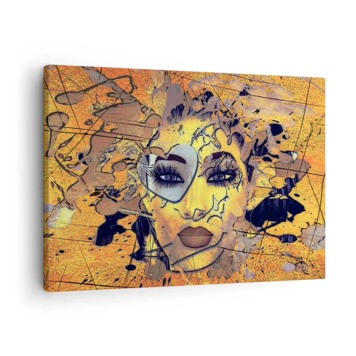 Obraz na płótnie - Abstrakcyjny portret kobiety w złoto-żółtych tonacjach - 70x50cm - Słoneczna piękność - Nowoczesna dekoracja ścienna do salonu i sypialni ARTTOR