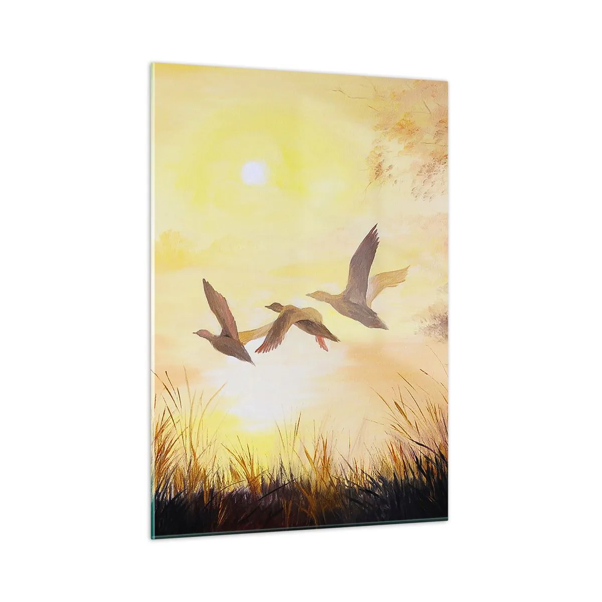 Obraz na szkle - Trzy kaczki w locie nad jeziorem o wschodzie słońca - 50x70cm - Początek dalekiej podróży - Nowoczesna dekoracja ścienna do salonu, kuchni i sypialni ARTTOR