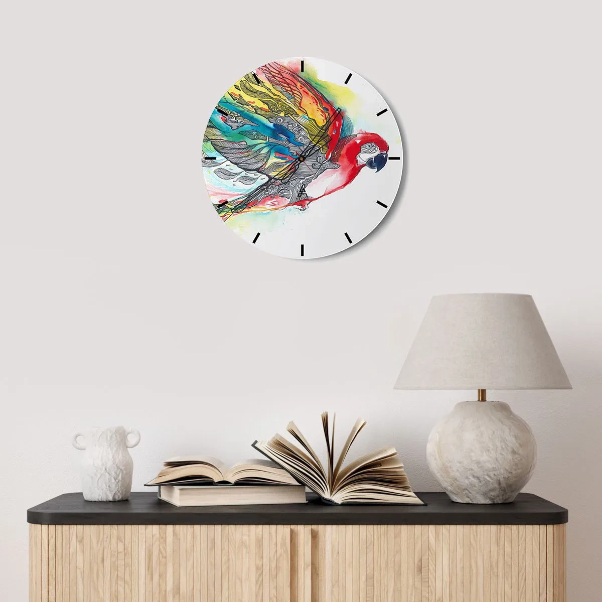 Zegar ścienny - Papuga w intensywnych kolorach z ozdobnymi wzorami na skrzydłach - 30x30cm - Żyj kolorowo - Nowoczesna dekoracja ścienna do salonu, kuchni i sypialni ARTTOR