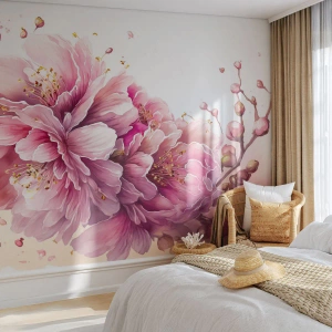 Fototapeta Premium Sand - Różowe kwiaty wiśni w pełnym rozkwicie na białym tle - 100x70cm - Kwiat kwitnącej wiśni - Nowoczesna dekoracja ścienna do salonu, kuchni i sypialni ARTTOR