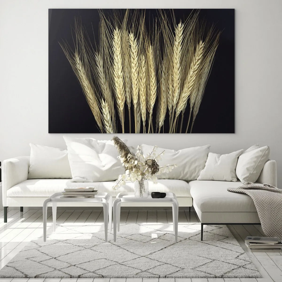 Obraz na szkle - Zboże w ciepłych tonacjach na czarnym tle - 100x70cm - Rustykalna magia - Nowoczesna dekoracja ścienna do salonu, kuchni i sypialni ARTTOR