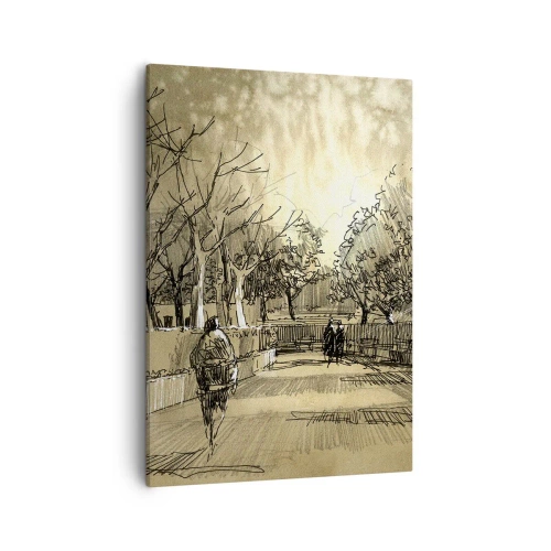 Obraz na płótnie - Szkicowy rysunek parku z alejką i postaciami w sepiowej tonacji - 50x70cm - Piórkiem zatrzymana chwila - Nowoczesna dekoracja ścienna do salonu, kuchni i sypialni ARTTOR