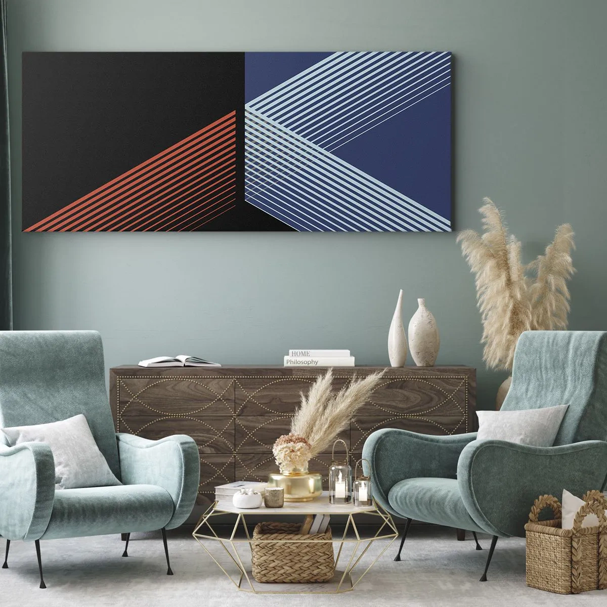 Obraz na płótnie - Geometryczne linie w odcieniach czerwieni i błękitu - 160x50cm - Prosta historia - Nowoczesna dekoracja ścienna do salonu i sypialni ARTTOR
