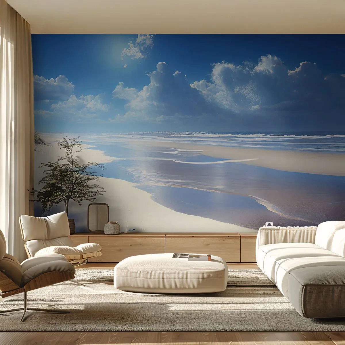 Fototapeta Premium Sand - Szeroka piaszczysta plaża pod błękitnym niebem - 100x70cm - Rajskie wakacje - Nowoczesna dekoracja ścienna do salonu, kuchni i sypialni ARTTOR