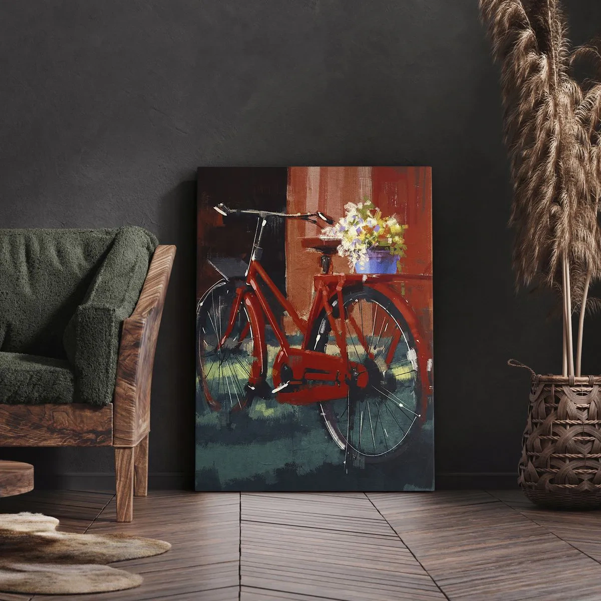 Obraz na płótnie - Czerwony rower z koszykiem kwiatów na tle kamienicy - 50x70cm - I want to ride my bicycle - Nowoczesna dekoracja ścienna do salonu, kuchni i sypialni ARTTOR