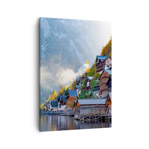 Obraz na płótnie - Malownicza wioska nad jeziorem w otoczeniu gór i jesiennej scenerii - 50x70cm - Alpejskie klimaty - Nowoczesna dekoracja ścienna do salonu, kuchni i sypialni ARTTOR