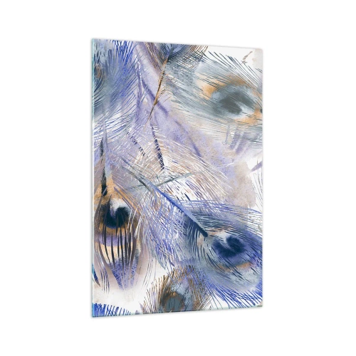 Obraz na szkle - Wzór z piórami pawia w odcieniach błękitu i złota - 70x100cm - Pawiooka kompozycja - Nowoczesna dekoracja ścienna do salonu i sypialni ARTTOR