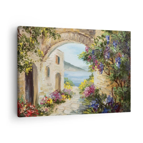 Obraz na płótnie - Nadmorski krajobraz z kamiennymi budynkami i kwiatami - 70x50cm - Urok nadmorskiej prowincji - Nowoczesna dekoracja ścienna do salonu i sypialni ARTTOR
