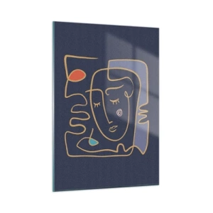 Obraz na szkle - Abstrakcyjna twarz w konturach na granatowym tle - 50x70cm - W zamyśleniu - Nowoczesna dekoracja ścienna do salonu, kuchni i sypialni ARTTOR