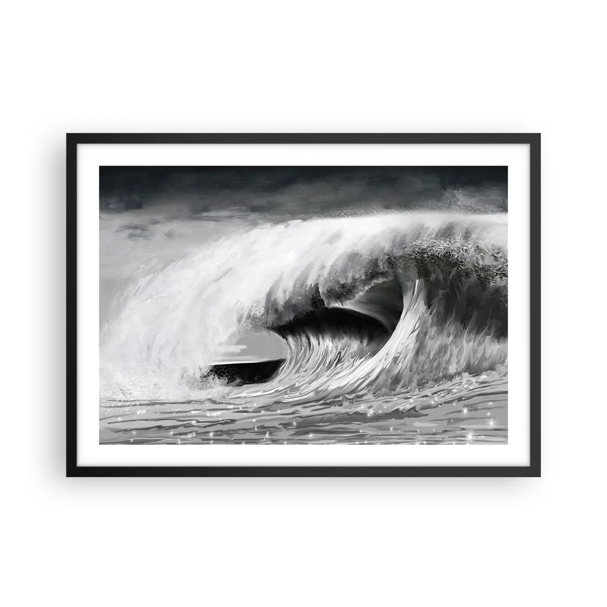 Plakat w czarnej ramie - Dramatyczna fala oceaniczna w monochromatycznym ujęciu - 70x50cm - Gniew oceanu - Nowoczesna dekoracja ścienna do salonu i sypialni ARTTOR